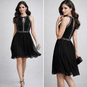 Greylin Kelvin Black Beaded Chiffon Fit & Flare Party Dress Sz XS💛